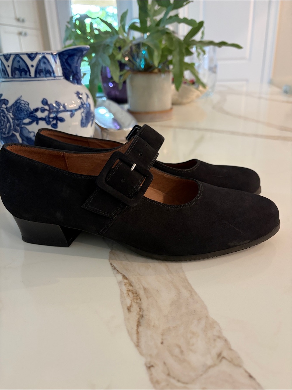 Beautifeel 1.25” heel Black Suede Mary Jane Heels with Square Buckle